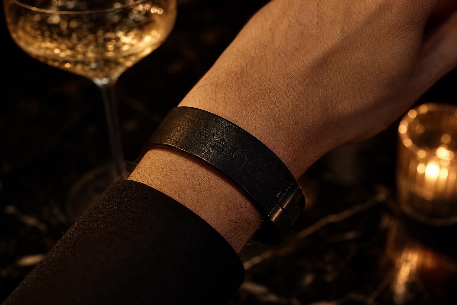 Black Mie-Ai Club wristband with subtle Japanese characters